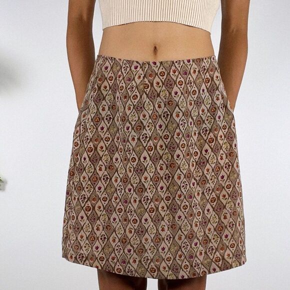 Vintage 90s Express Brown Floral Mid Rise Boho Granola Girl Mini Skirt / 7/8 - Picture 2 of 6